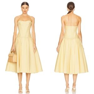 ALEXIS Summers Strapless Bustier Herringbone Yellow Stripe Midi Dress Size Large